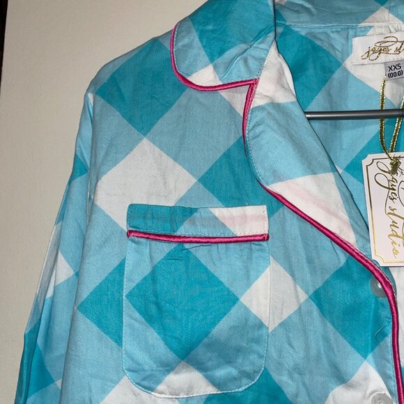 Jaye's Studio Womens Button-Down Pajama Set XXS Turquoise & White Plaid Cotton - Picture 4 of 7